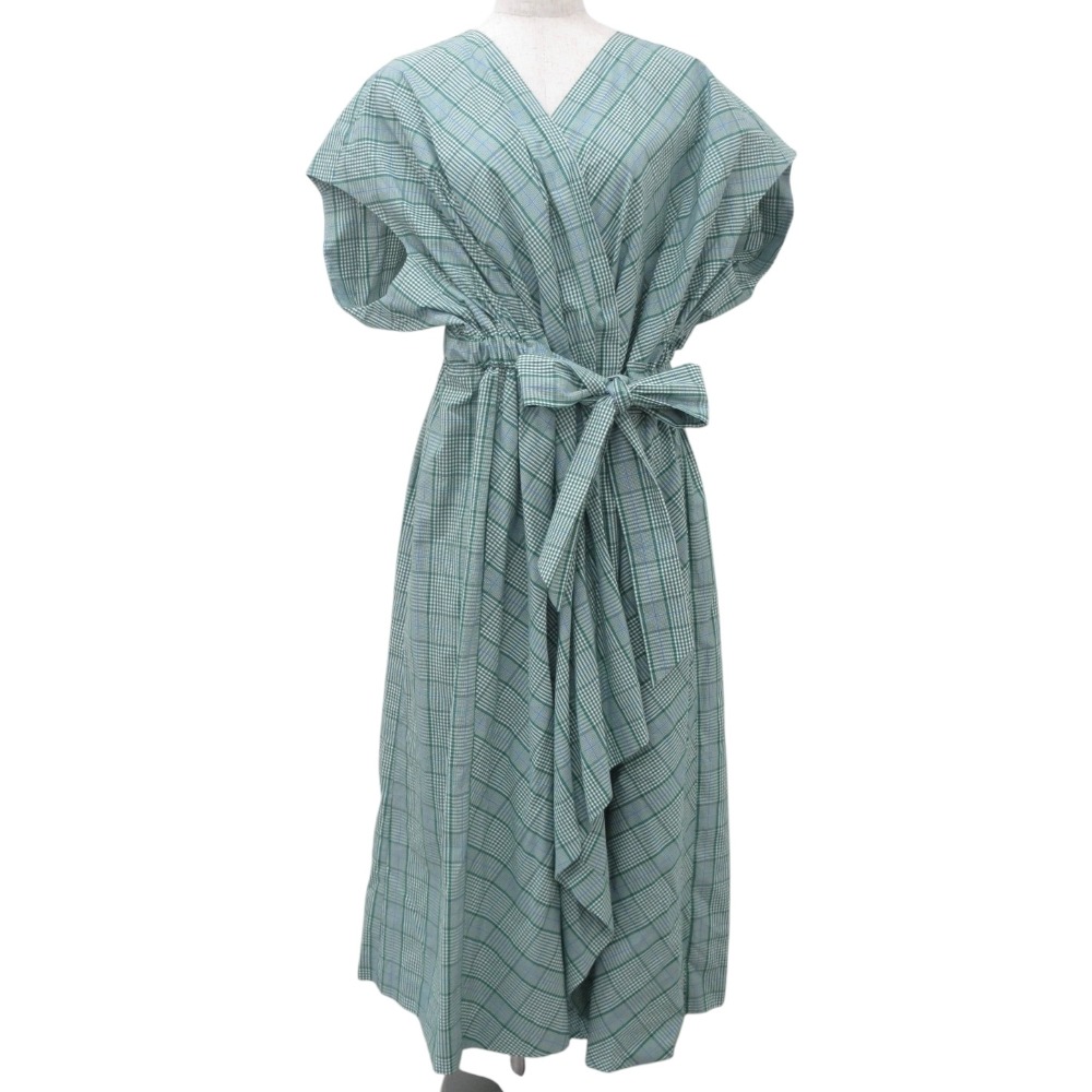 【中古】美品 BLAMINK ブラミンク M CO CHK CASH WRAP チェック柄 リボン カシュクール ラップワンピース 38 グリーン レディース Luxs ブランド古着のリュクス