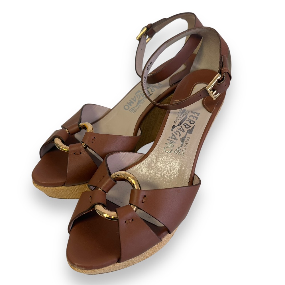 【中古】 美品 Salvatore Ferragamo サルヴァトーレフェラガモ レザー オープントゥ ウェッジソール サンダル 6 1/2B 23.5cm相当 ブラウン レディース Luxs ブランド古着のリュクス