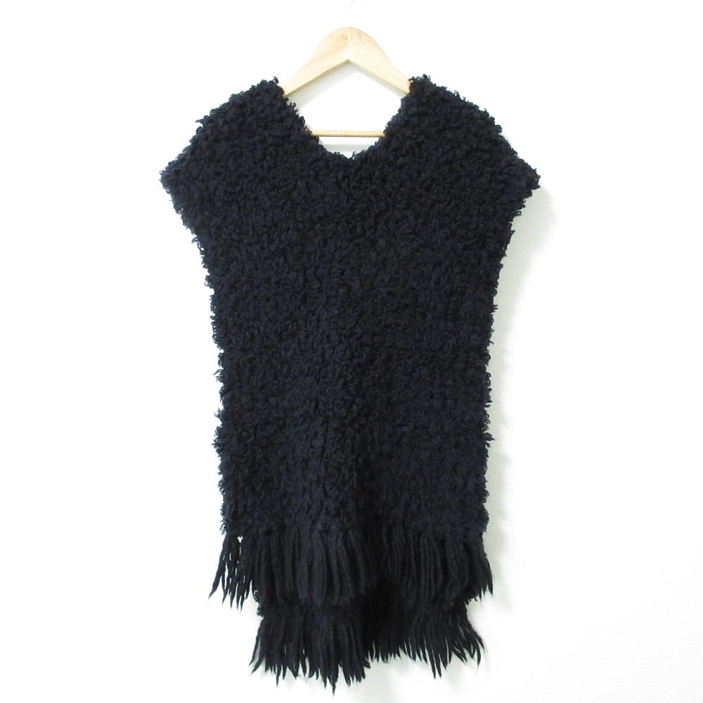 【中古】未使用 21AW mina perhonen ミナペルホネン bois ウール100％ ボア フリンジ Ｖネック ハンドニット ベスト za8586 Ｆ ネイビー レディース Luxs ブランド古着のリュクス