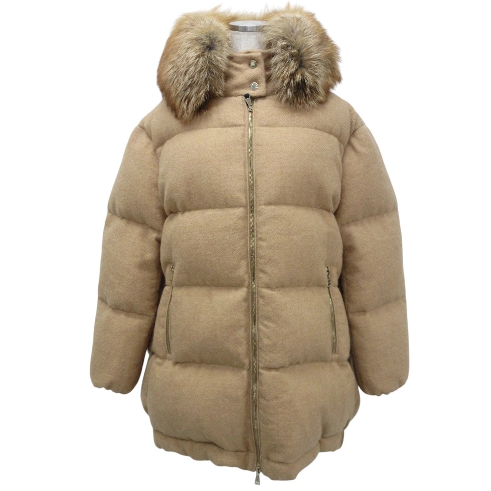 【中古】 美品 MONCLER モンクレール MERGULE ファー付き ウール地ダウンジャケット サイズ1 ベージュ レディース Luxs ブランド古着のリュクス