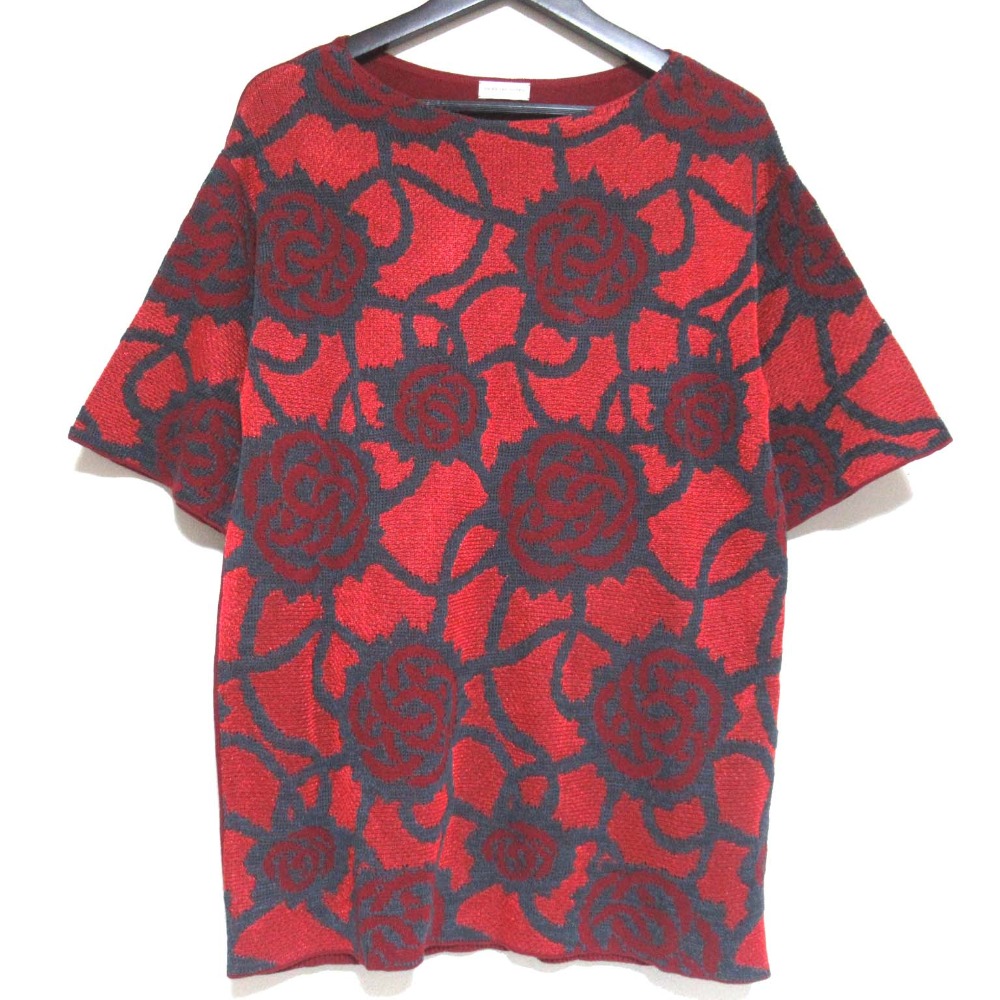 【中古】美品 DRIES VAN NOTEN ドリスヴァンノッテン ローズ柄 ショートスリーブ 半袖 ニット セーター Sサイズ レッド系 レディース Luxs ブランド古着のリュクス