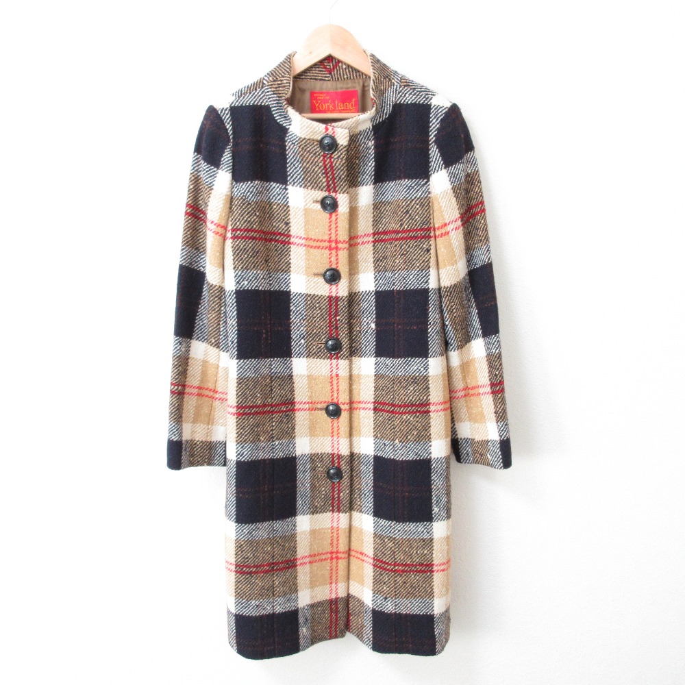 美品✨ヨークランド ロングコート ツイード タータンチェック ベルト フレア M 美品✨ヨークランド ロングコート ツイード タータンチェック ベルト
