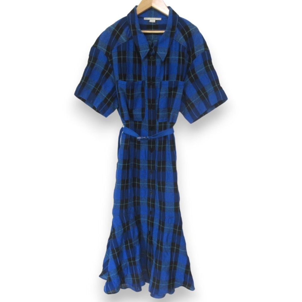 【中古】 美品 21AW STELLA McCARTNEY ステラマッカートニー チェック柄 半袖 ベルテッド フレアシャツワンピース 36 ブルー×ブラック レディース Luxs ブランド古着のリュクス