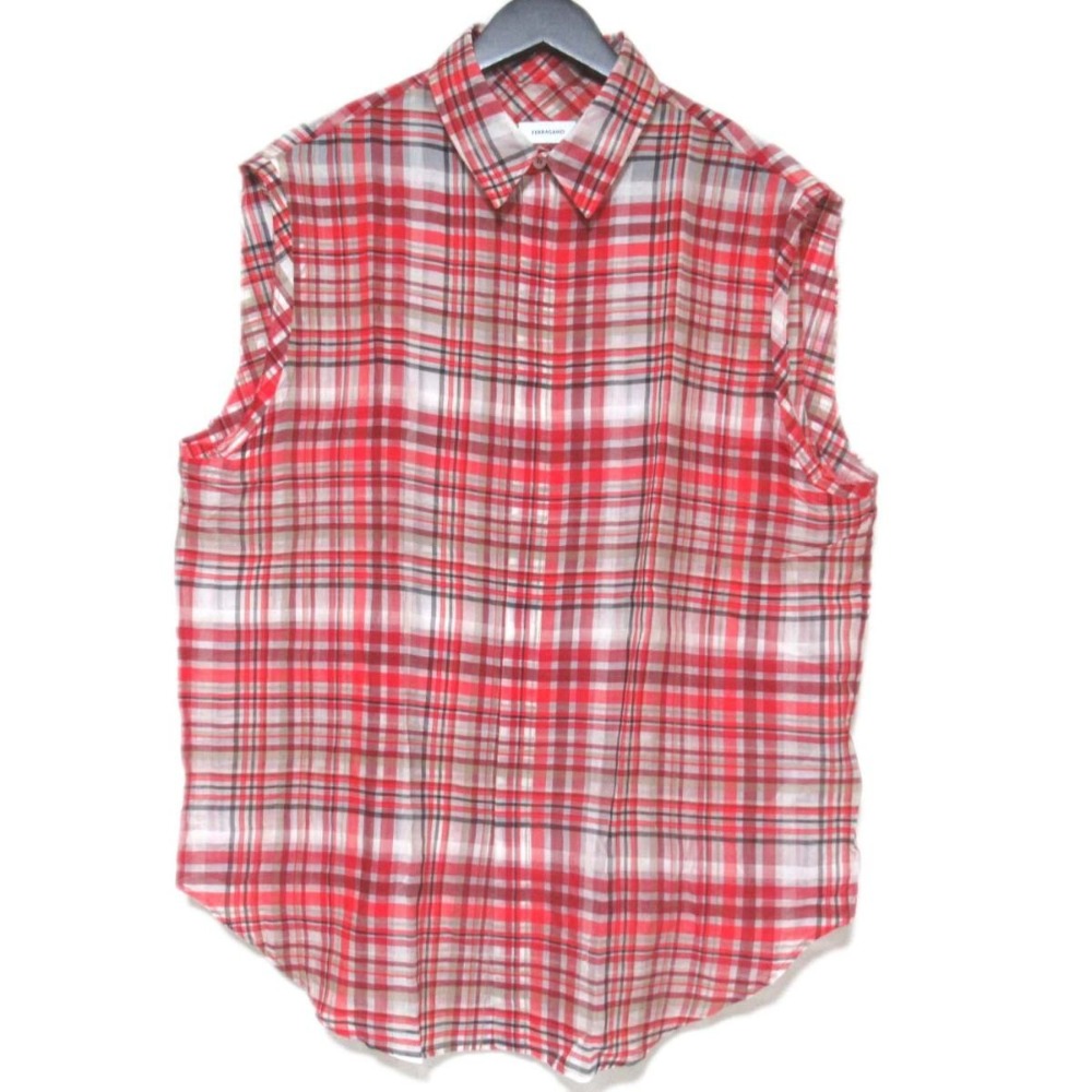 【中古】新品同様 23SS FERRAGAMO フェラガモ チェック柄 シルクブレンド カットオフ ノースリーブ シアー シャツ ブラウス XLサイズ レッド系 メンズ Luxs ブランド古着のリュクス