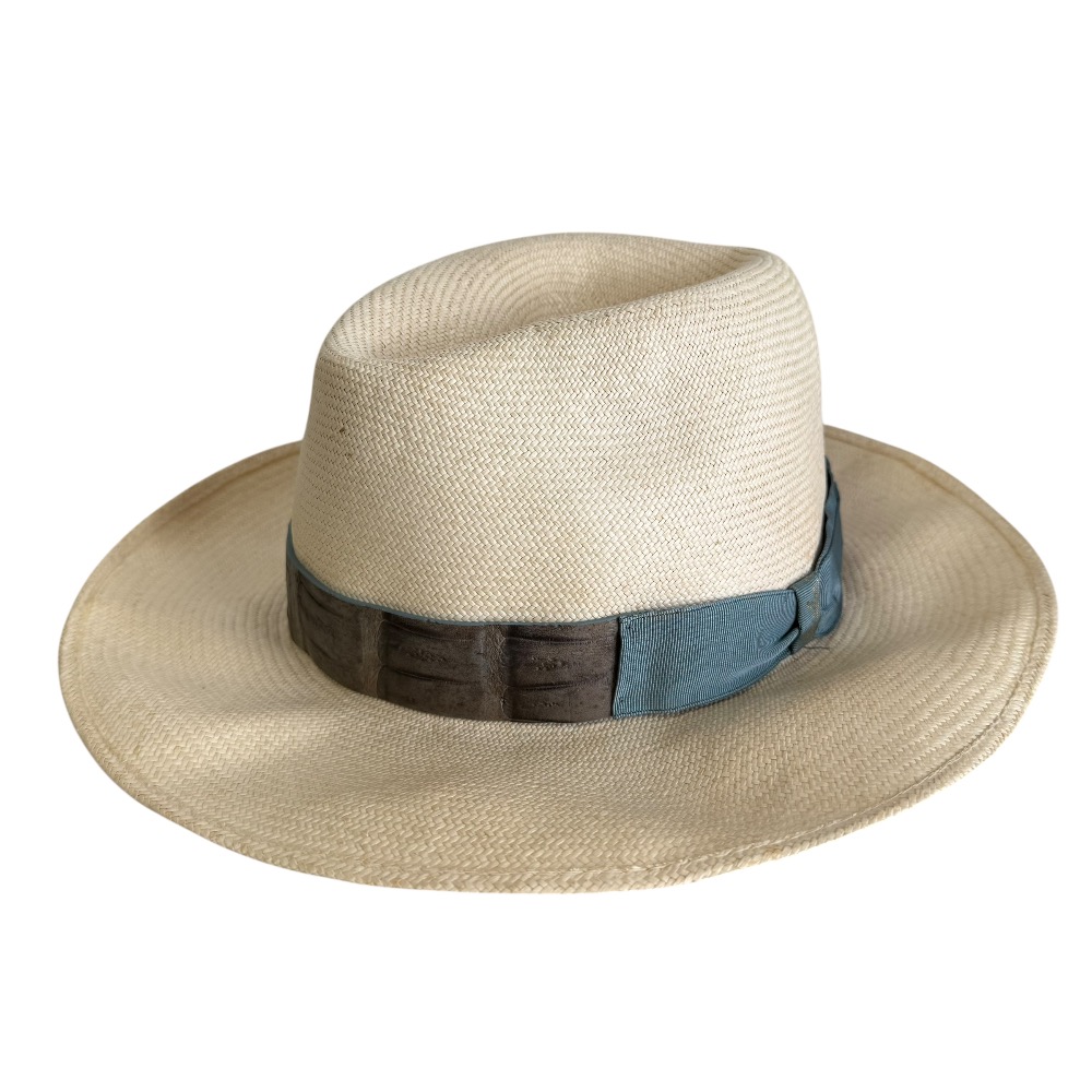 【中古】 美品 Borsalino ボルサリーノ クロコダイルレザー パナマハット 帽子 57 アイボリー メンズ Luxs ブランド古着のリュクス