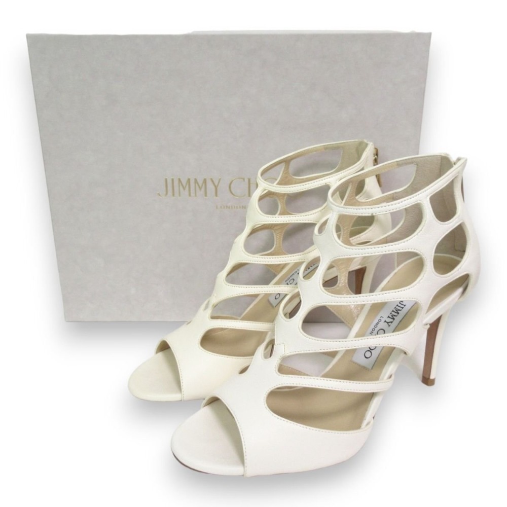 【中古】 新品同様 JIMMY CHOO ジミーチュウ REN 85 カットアウト レザー オープントゥ ピンヒール サンダル 37.5 約24.5cm ホワイト レディース Luxs ブランド古着のリュクス
