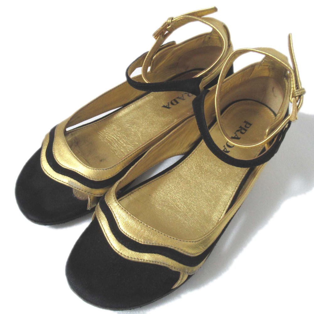 【中古】美品 PRADA プラダ スエード レザー アンクルストラップ サンダル 36サイズ 23cm相当 ゴールドカラー ブラック レディース Luxs ブランド古着のリュクス