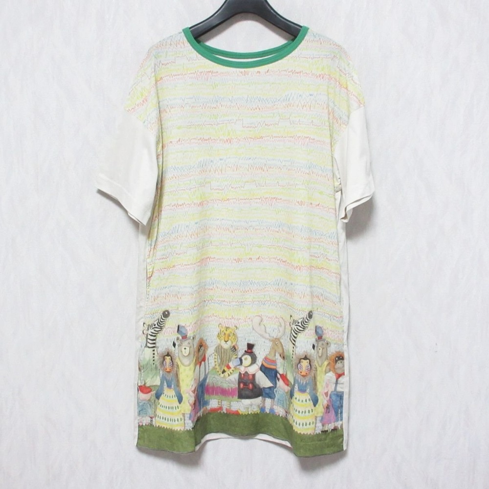 美品 OLLEBOREBLA アルベロベロ オレボレブラ ぶたさん プリント 切替 七分袖 チュニック カットソー ネイビー系 レディース 古着 中古 中古】美品 OLLEBOREBLA アルベロベロ オレボレブラ ぶたさん