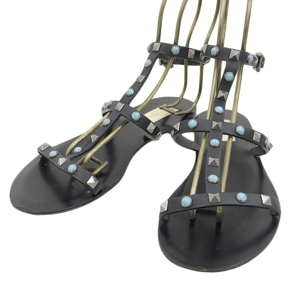 【中古】美品 VALENTINO GARAVANI ヴァレンティノガラヴァーニ ビジュー スタッズ アンクルストラップ サンダル 37 1/2 約24.5cm ブラック レディース Luxs ブランド古着のリュクス
