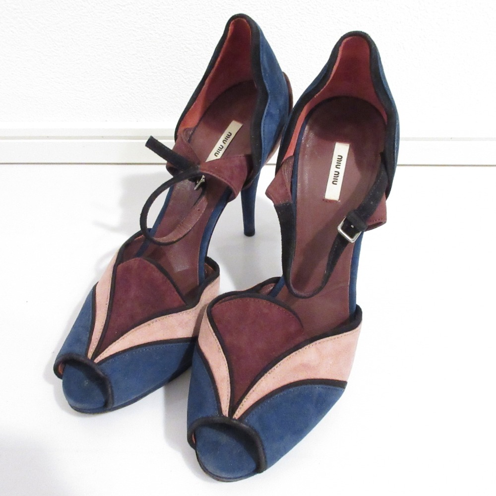 【中古】良品 miumiu ミュウミュウ スウェード 配色 ストラップ付 ハイヒール セパレート パンプス サンダル 35 22cm ブルー×ブラウン系 レディース Luxs ブランド古着のリュクス