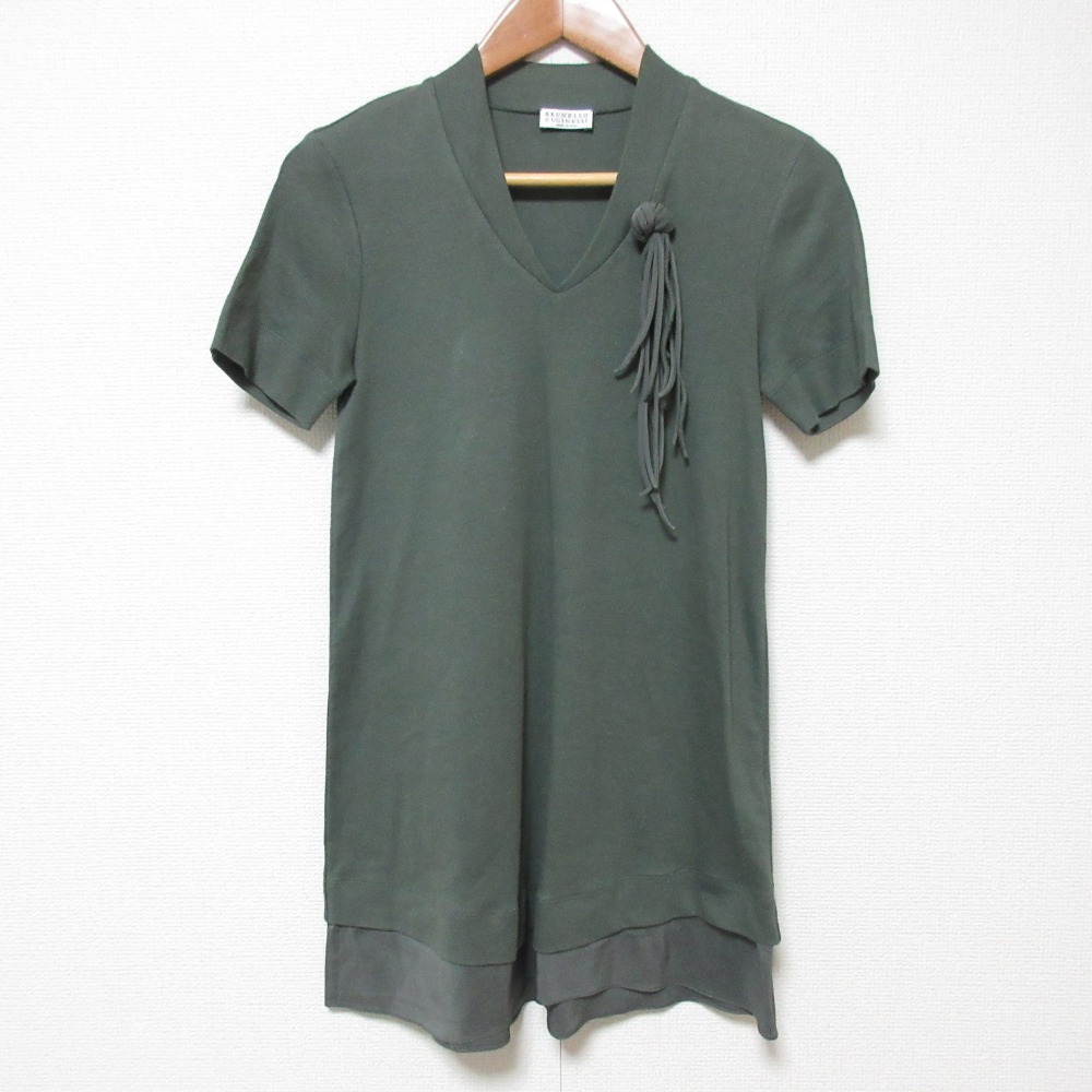 【中古】良品 BRUNELLO CUCINELLI ブルネロクチネリ コサージュ ストレッチ Vネック ロングニットカットソー サイズL グリーン レディース Luxs ブランド古着のリュクス