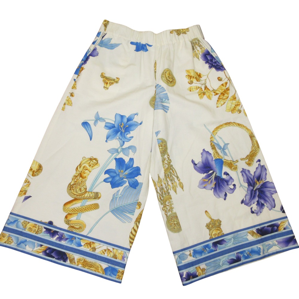 【中古】美品 LEONARD PARIS レオナール リネン バロック フラワープリント ガウチョパンツ ワイドパンツ 38 ホワイト ブルー レディース Luxs ブランド古着のリュクス