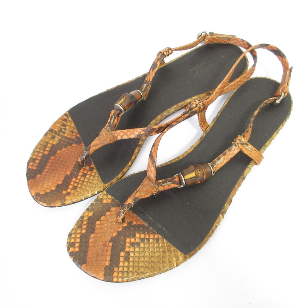 【中古】良品 GUCCI グッチ バンブー パイソンレザー スリングバック フラットサンダル 36.5 23.5cm相当 ブラウン レディース Luxs ブランド古着のリュクス