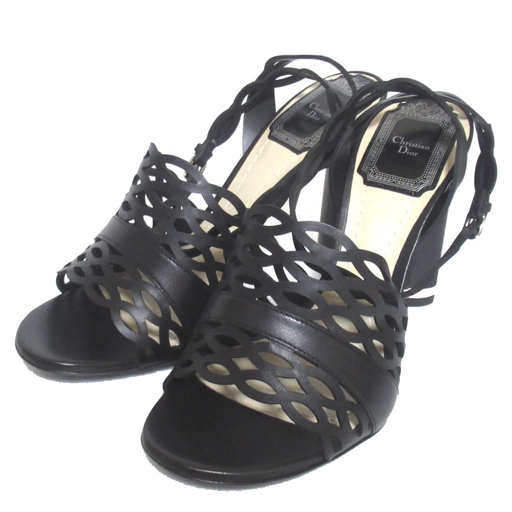 【中古】未使用 Christian Dior クリスチャンディオール TATTOO レザー アンクルストラップ ハイヒール サンダル 35.5D 22.5cm相当 ブラック レディース Luxs ブランド古着のリュクス