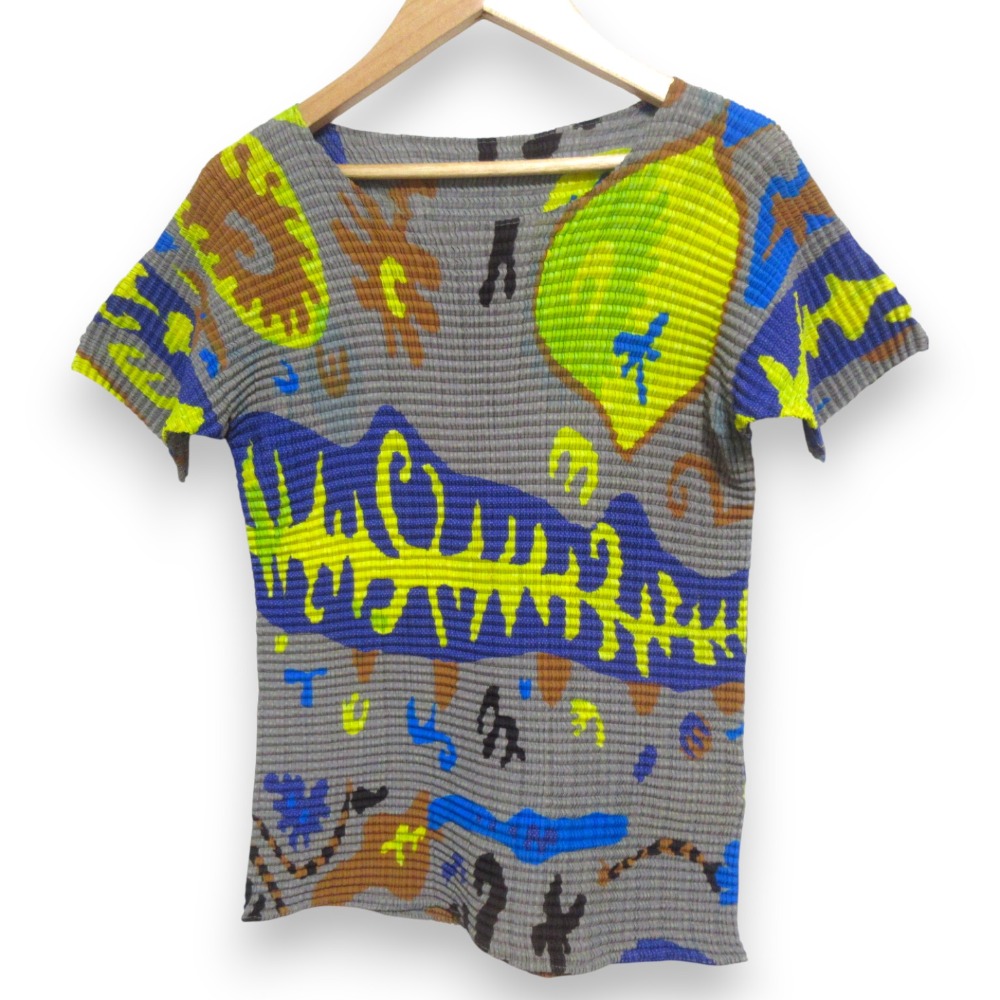 【中古】美品 ISSEY MIYAKE イッセイミヤケ 総柄プリント プリーツ ショートスリーブ ブラウス カットソー IM84-FJ671 Mサイズ マルチカラー レディース Luxs ブランド古着のリュクス
