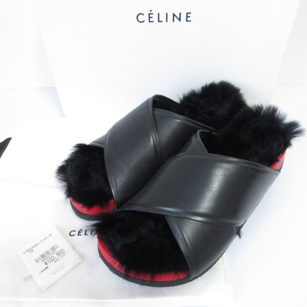【中古】美品 CELINE セリーヌ クロスベルト フラットファーサンダル サイズ35 約22.5cm ブラック レッド レディース Luxs ブランド古着のリュクス