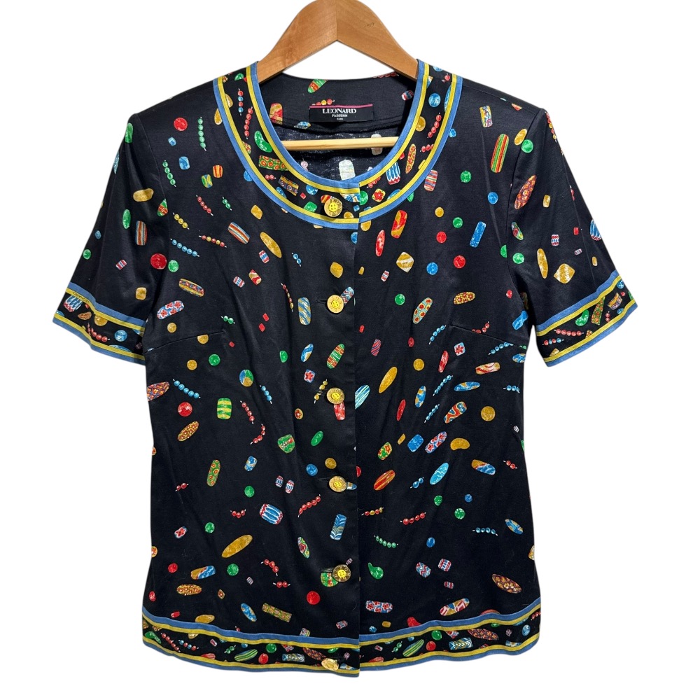 【中古】美品 LEONARD FASHION レオナールファッション 総柄 金ボタン 半袖 ブラウス サイズL ブラック レディース Luxs ブランド古着のリュクス