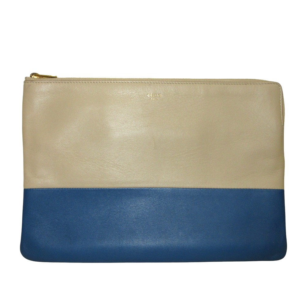 【中古】美品 CELINE セリーヌ Solo ソロ バイカラー レザー クラッチバッグ ベージュ ブルー レディース Luxs ブランド古着のリュクス