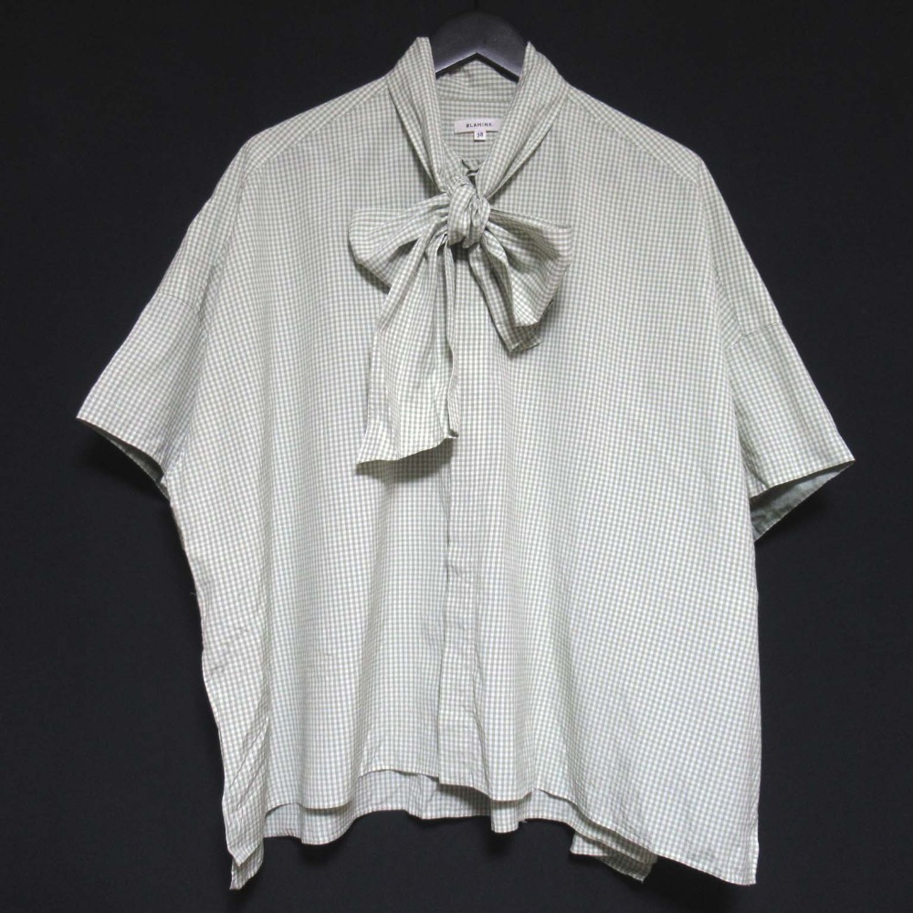 【中古】美品 BLAMINK ブラミンク M S/C GINGHAM BOW SSL ギンガムチェック柄 ショートスリーブ ボウタイ ブラウス 38 グリーン ホワイト レディース Luxs ブランド古着のリュクス
