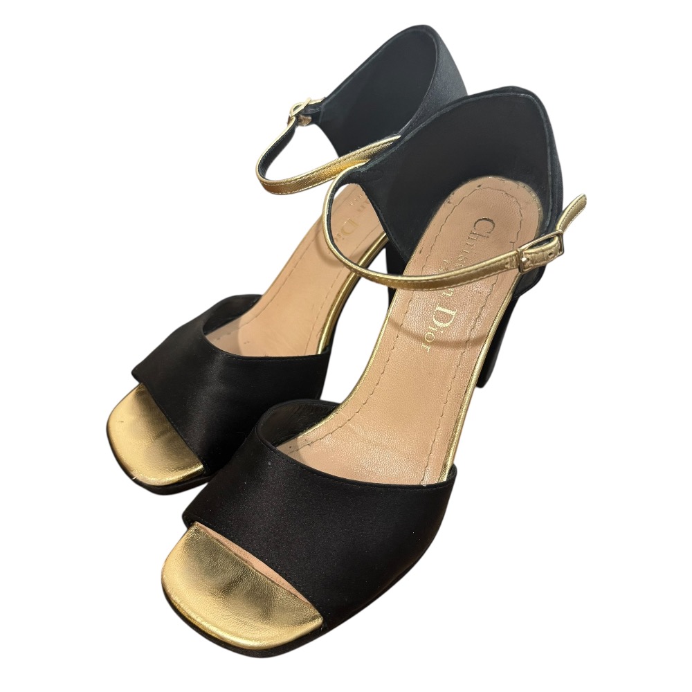 【中古】美品 22SS Christian Dior クリスチャンディオール スエード サテンサンダル サイズ34 1/2 21.5cm相当 ブラック レディース Luxs ブランド古着のリュクス