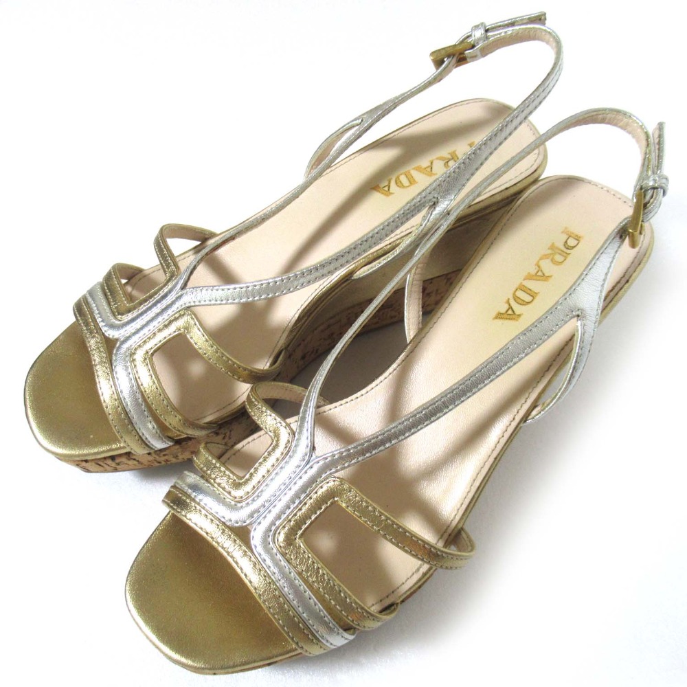 【中古】美品 PRADA プラダ ウェッジソール ハイヒール スリングバック サンダル サイズ34.5 約21.5cm ゴールドカラー×シルバーカラー レディース Luxs ブランド古着のリュクス