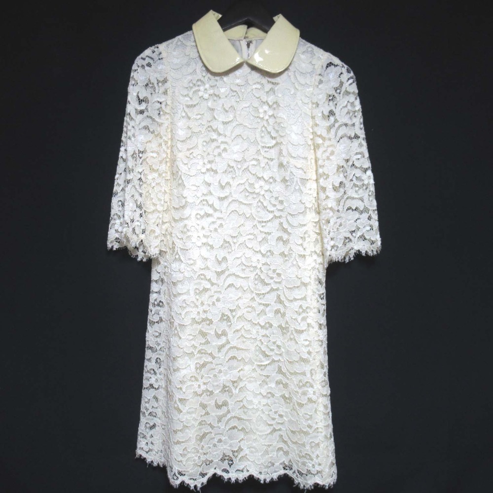 【中古】美品 DOLCE&GABBANA ドルチェ&ガッバーナ パテントカラー 七分袖 ひざ丈 レース ワンピース サイズ38 アイボリー レディース Luxs ブランド古着のリュクス