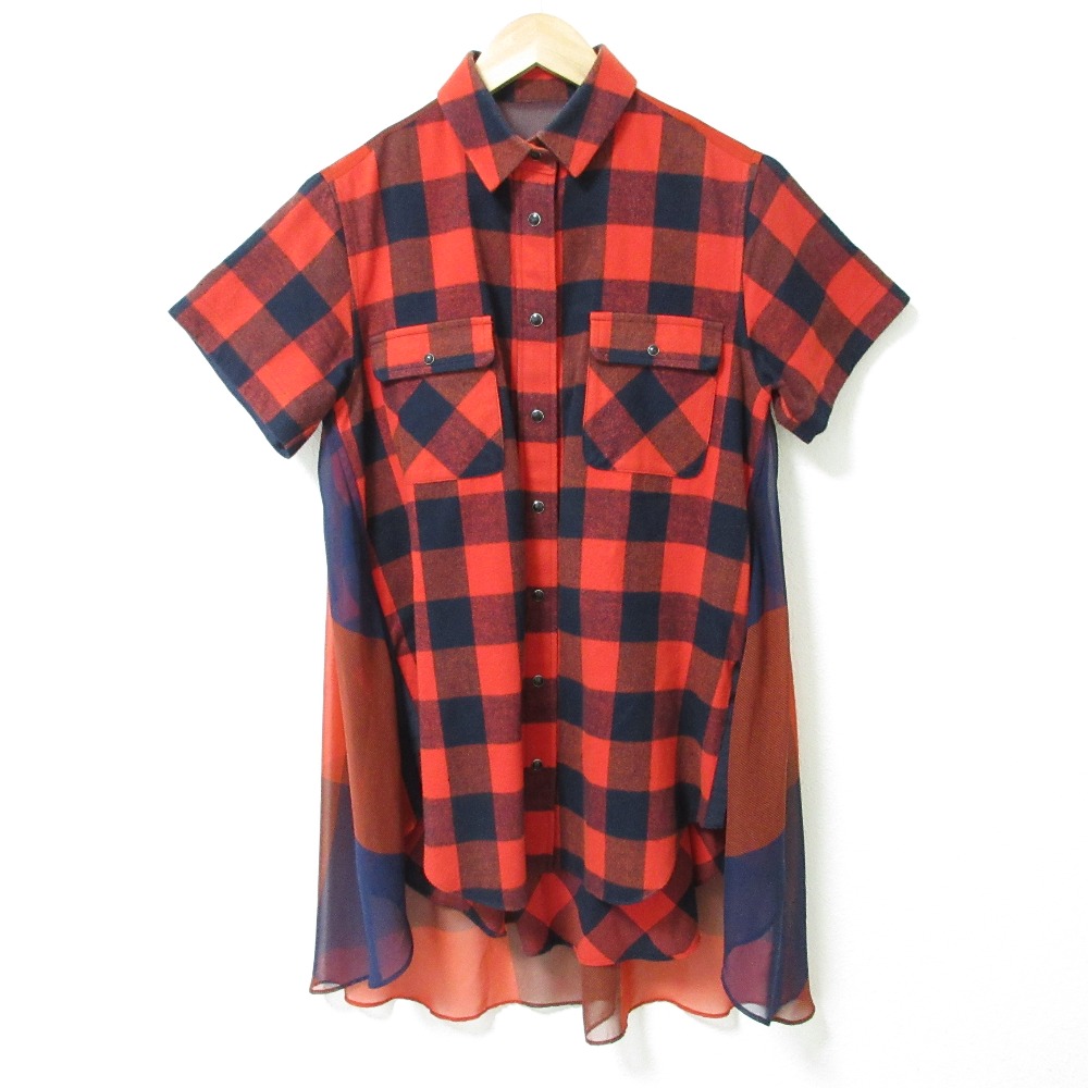 【中古】良品 sacai サカイ 半袖 切り替え シアー ブロックチェックシャツ 18-03963 サイズ1 レッド レディース Luxs ブランド古着のリュクス