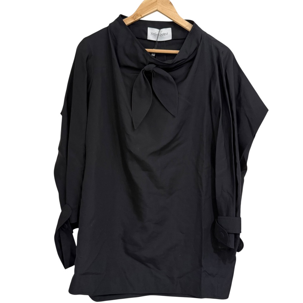 【中古】未使用 YVES SAINT LAURENT イヴサンローラン シルクブレンド 長袖 プルオーバー デザインブラウス 38 ブラック レディース Luxs ブランド古着のリュクス