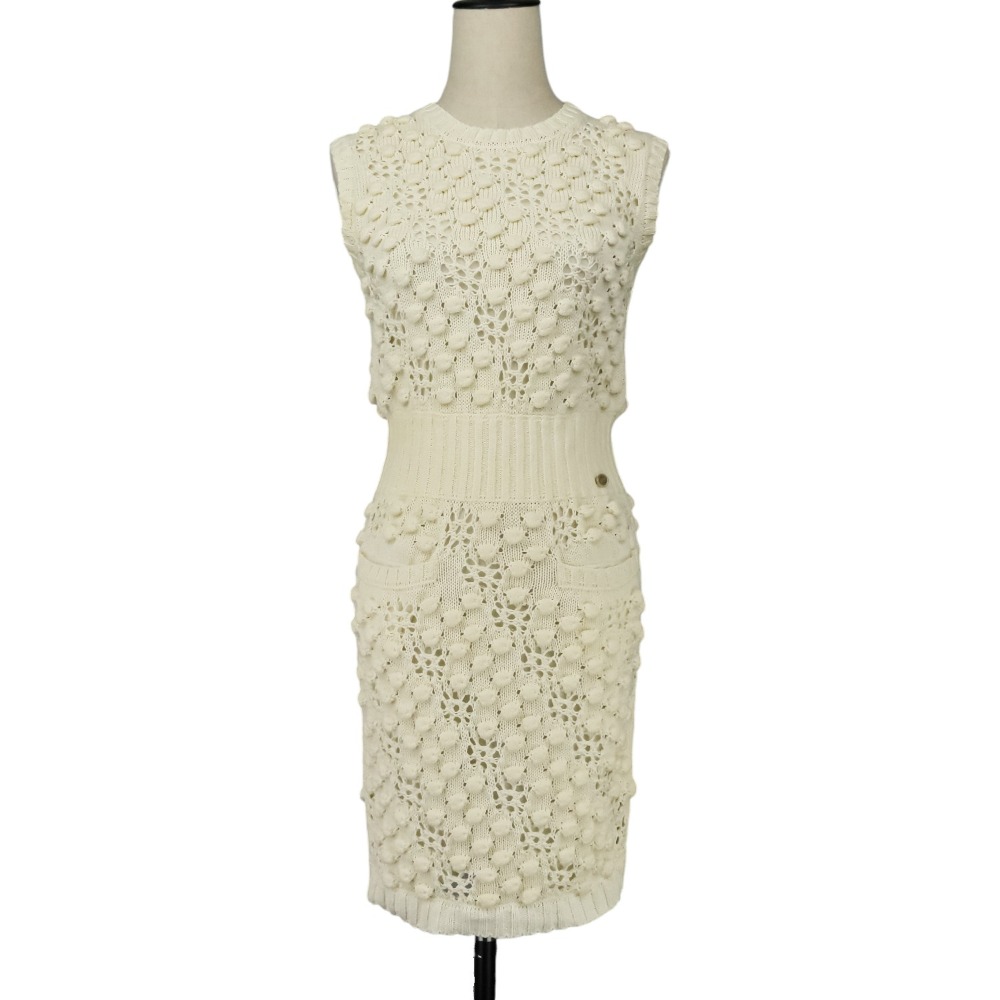 【中古】良品 CHANEL シャネル ココマーク クロシェ ニット ドレス ワンピース ペチコート付 P56168K07331 サイズ34 オフホワイト レディース Luxs ブランド古着のリュクス