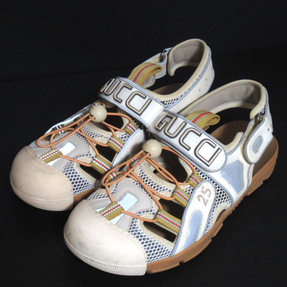 【美品】GUCCI・メンズ レザーメッシュコンビ ブランドロゴ サンダル(8) 美品☆GUCCI・メンズ レザーメッシュコンビ ブランドロゴ