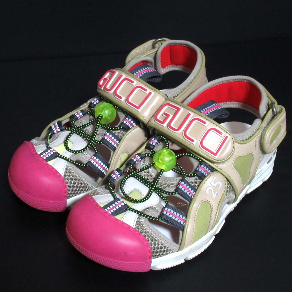 【中古】美品 GUCCI グッチ メッシュベルクロ サンダル 570440 サイズ34 ベージュ系 マルチカラー レディース Luxs ブランド古着のリュクス