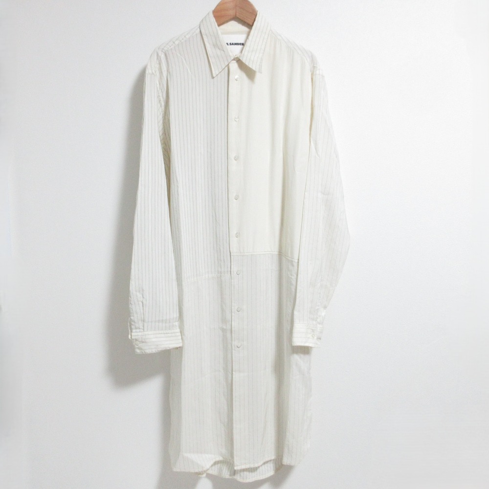 【中古】美品 JIL SANDER ジルサンダー ストライプ シルクブレンド ロングスリーブ シャツワンピース サイズ40 ホワイト レディース Luxs ブランド古着のリュクス