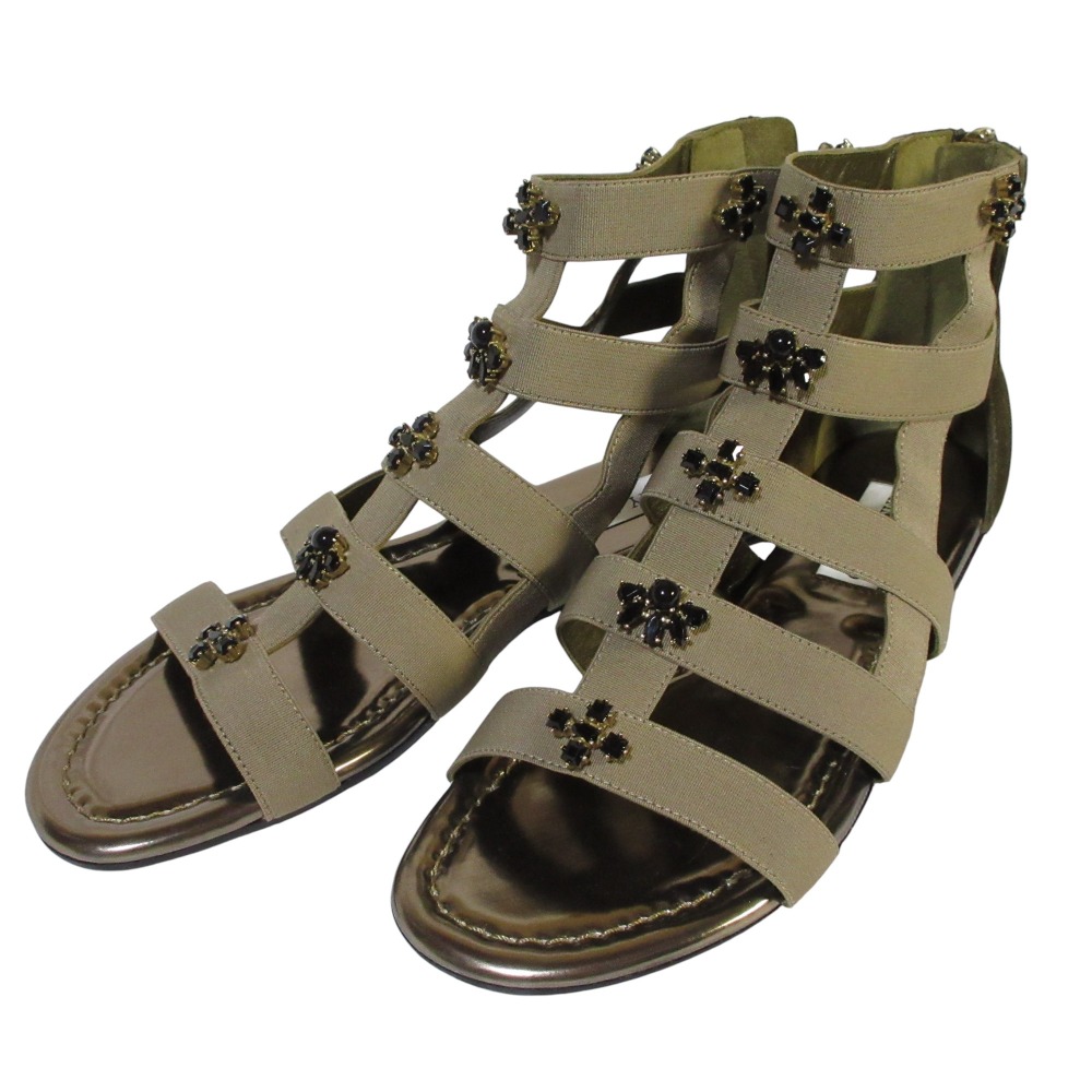 【中古】新品同様 JIMMYCHOO ジミーチュウ WAIVER FLAT ビジュー グラディエーター フラット サンダル 38 25.0cm相当 カーキ レディース Luxs ブランド古着のリュクス