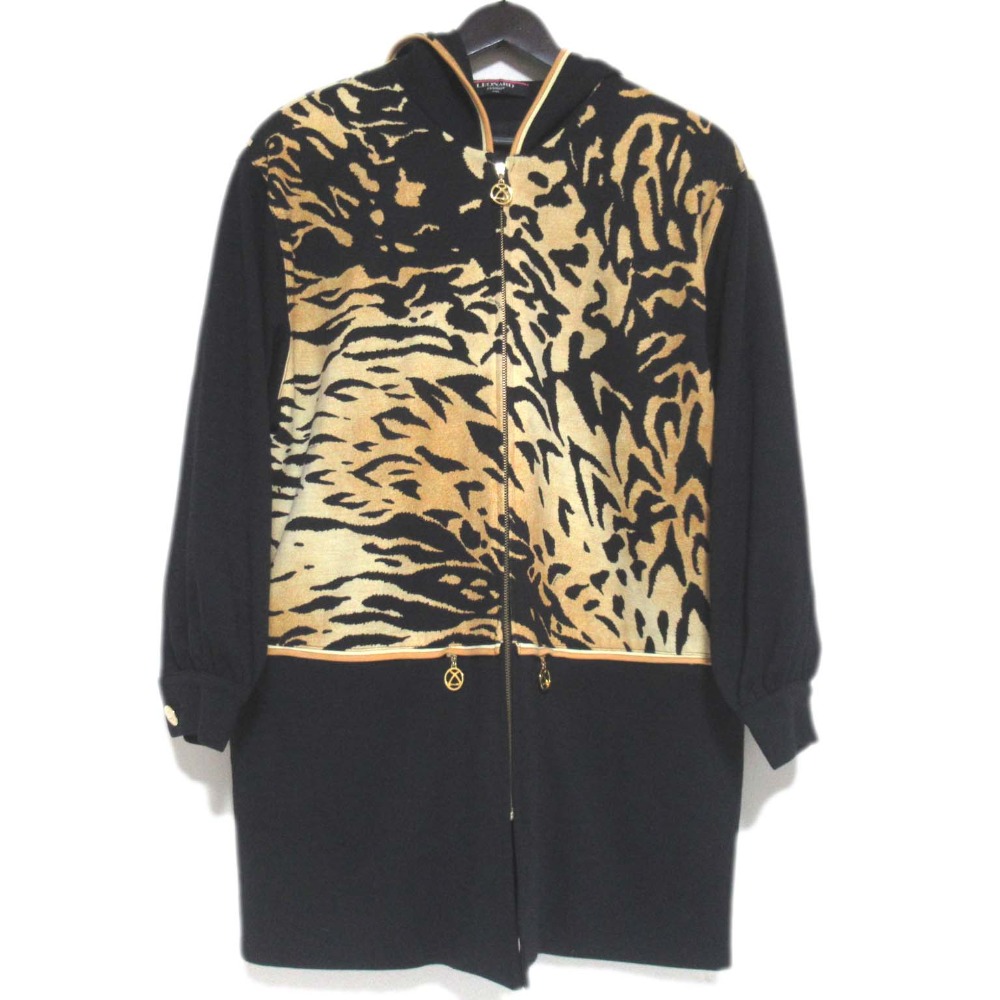 【中古】美品 LEONARD FASHION レオナールファッション アニマル柄 フーディー コート 9Rサイズ ブラック×ベージュ レディース Luxs ブランド古着のリュクス|Luxs(ブランド古着のリュクス)