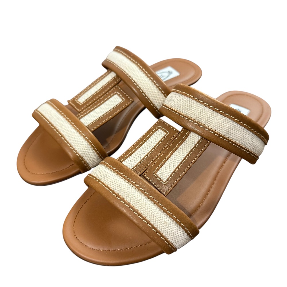 【中古】未使用 TOD'S トッズ レザー×キャンバス ダブルT フラットサンダル サイズ34 約21cm ブラウン×アイボリー レディース Luxs ブランド古着のリュクス