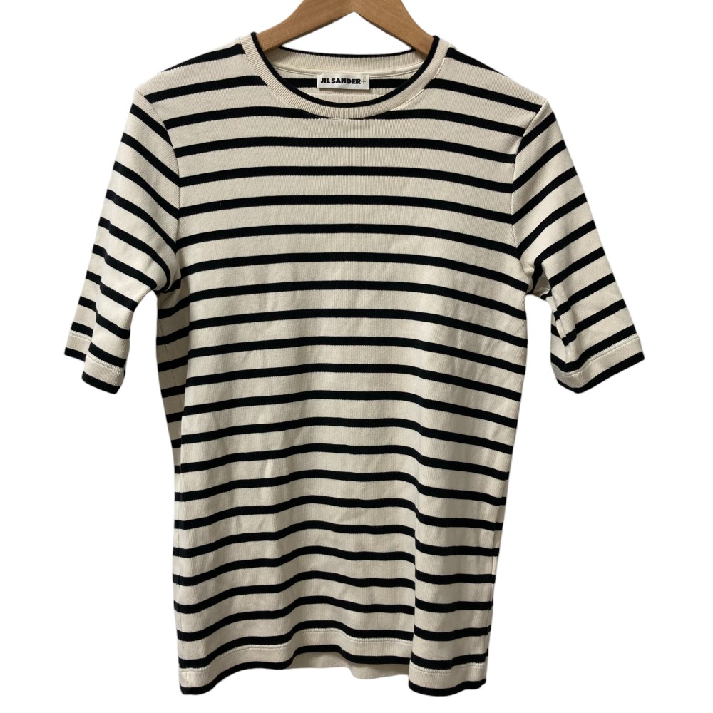 【中古】良品 24SS JIL SANDER ジルサンダー 半袖ボーダークルーネック ブランドロゴ カットソー XL オフホワイト×ブラック レディース Luxs ブランド古着のリュクス