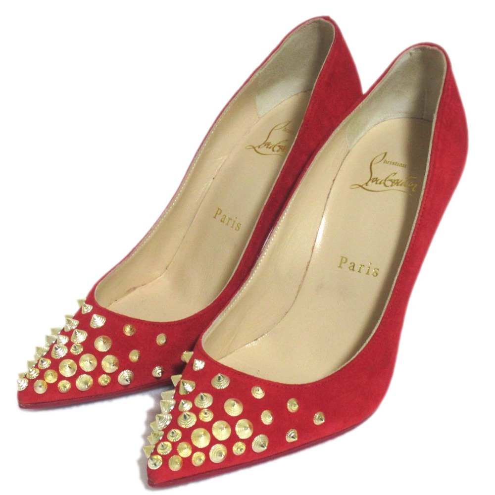 【中古】美品 Christian Louboutin クリスチャンルブタン スエード スタッズ ポインテッドトゥ ハイヒール パンプス サイズ35 22cm レッド レディース Luxs ブランド古着のリュクス 10,854円