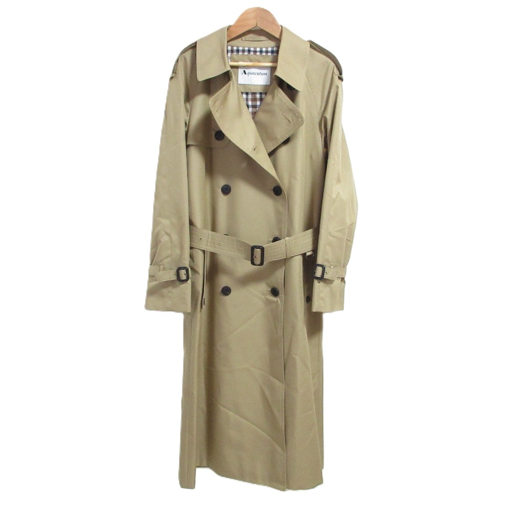 【中古】美品 Aquascutum アクアスキュータム 裏地チェック ベルテッド ロングトレンチコート S ベージュ レディース Luxs ブランド古着のリュクス