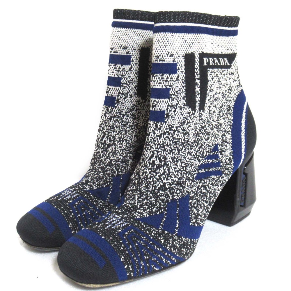 【中古】美品 PRADA プラダ ニット ソックスブーツ アンクルブーツ ショートブーツ サイズ36.5 23.5cm ブラック×ホワイト×ブルー レディース Luxs ブランド古着のリュクス