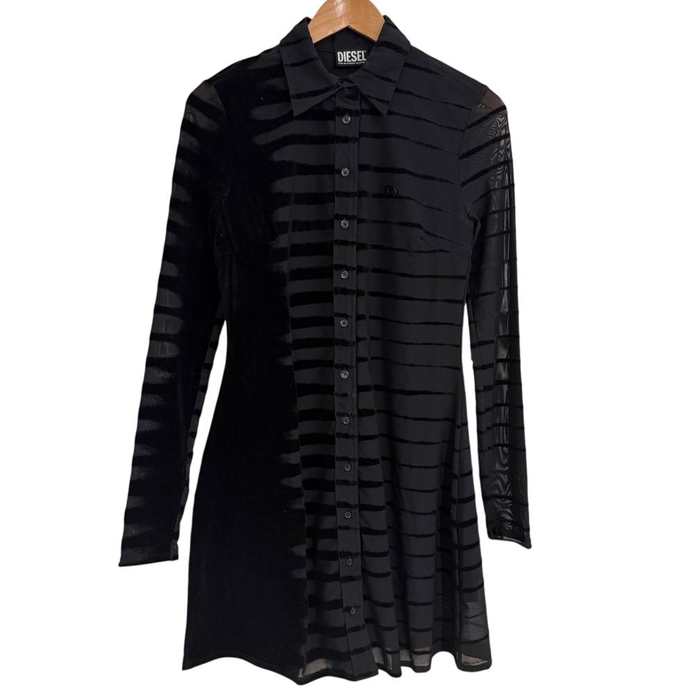 【中古】美品 DIESEL ディーゼル D-SHIRTY-C2 長袖 ストレッチ メッシュ シャツワンピース サイズS ブラック レディース Luxs ブランド古着のリュクス
