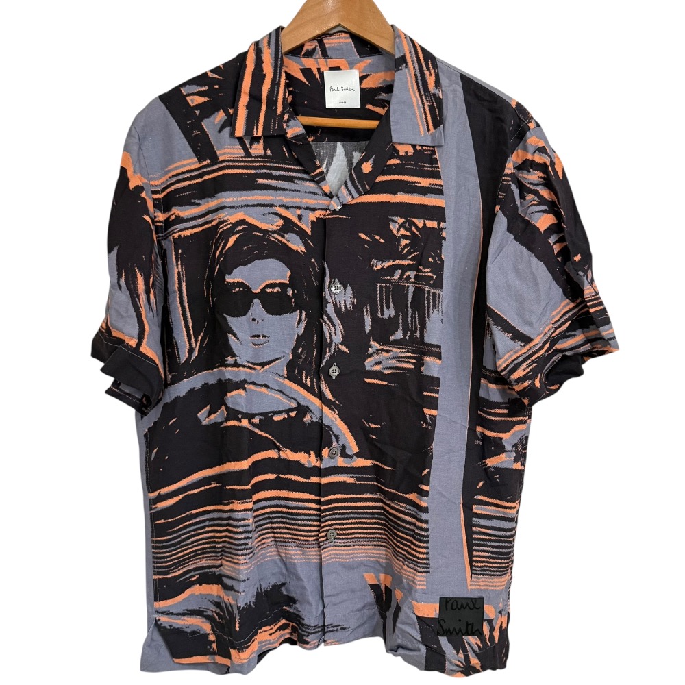 【中古】美品 22SS Paul Smith ポールスミス Cinema Screen SHIRT プリント リネンブレンド 半袖 オープンカラーシャツ L グレー系 メンズ Luxs ブランド古着のリュクス
