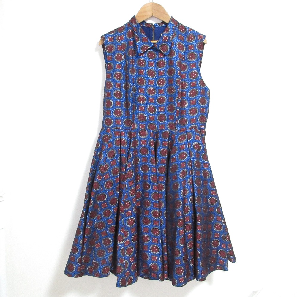【中古】良品 KENZO ケンゾー ラメ糸 ノースリーブ ジャガード フレアワンピース 40サイズ ブルー レッド レディース Luxs ブランド古着のリュクス