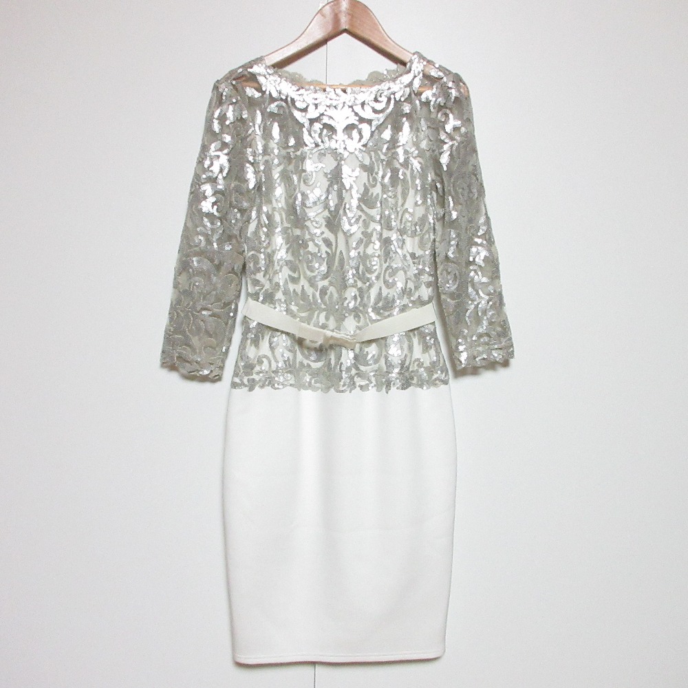 【中古】美品 TADASHI SHOJI タダシショージ ビジュー メッシュ ドレス ワンピース サイズ0 シルバーカラー アイボリー レディース Luxs ブランド古着のリュクス