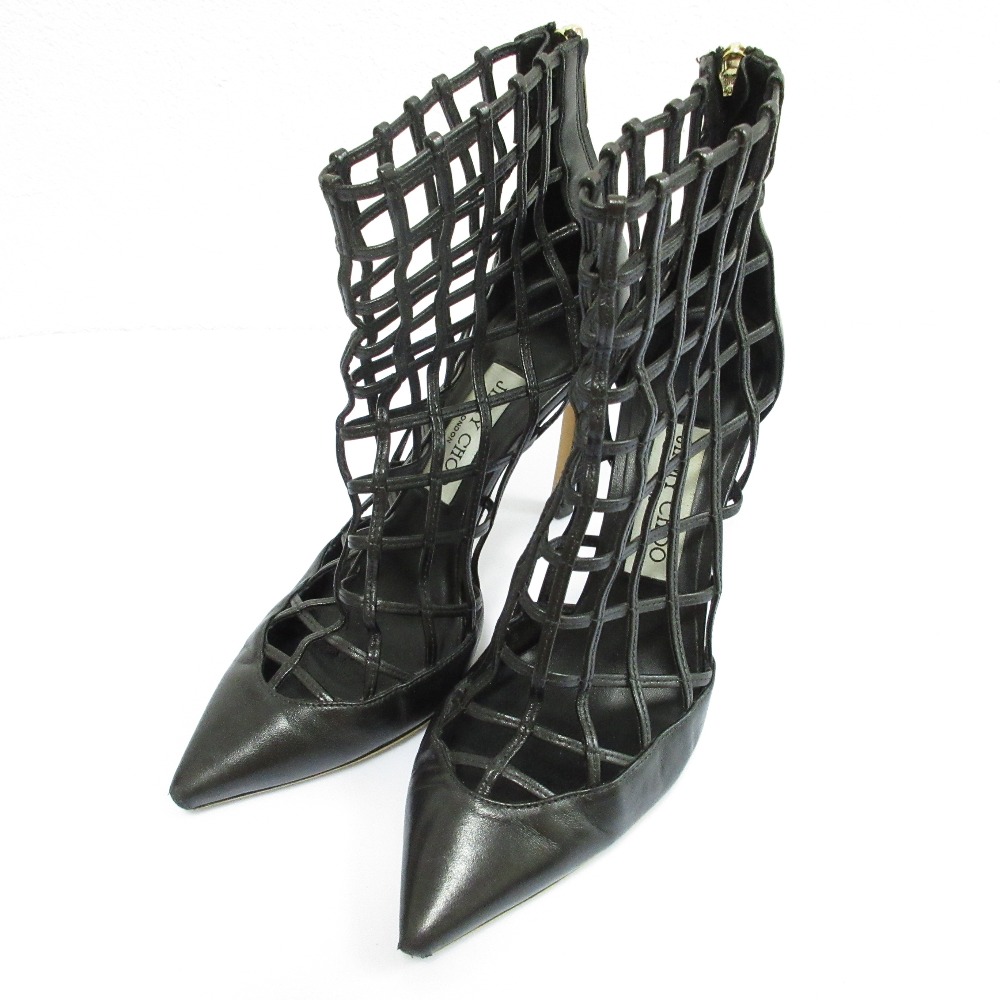 【中古】良品 JIMMY CHOO ジミーチュウ メッシュ レザー ブーティ ショートブーツ サイズ37 24cm相当 ブラック レディース Luxs ブランド古着のリュクス