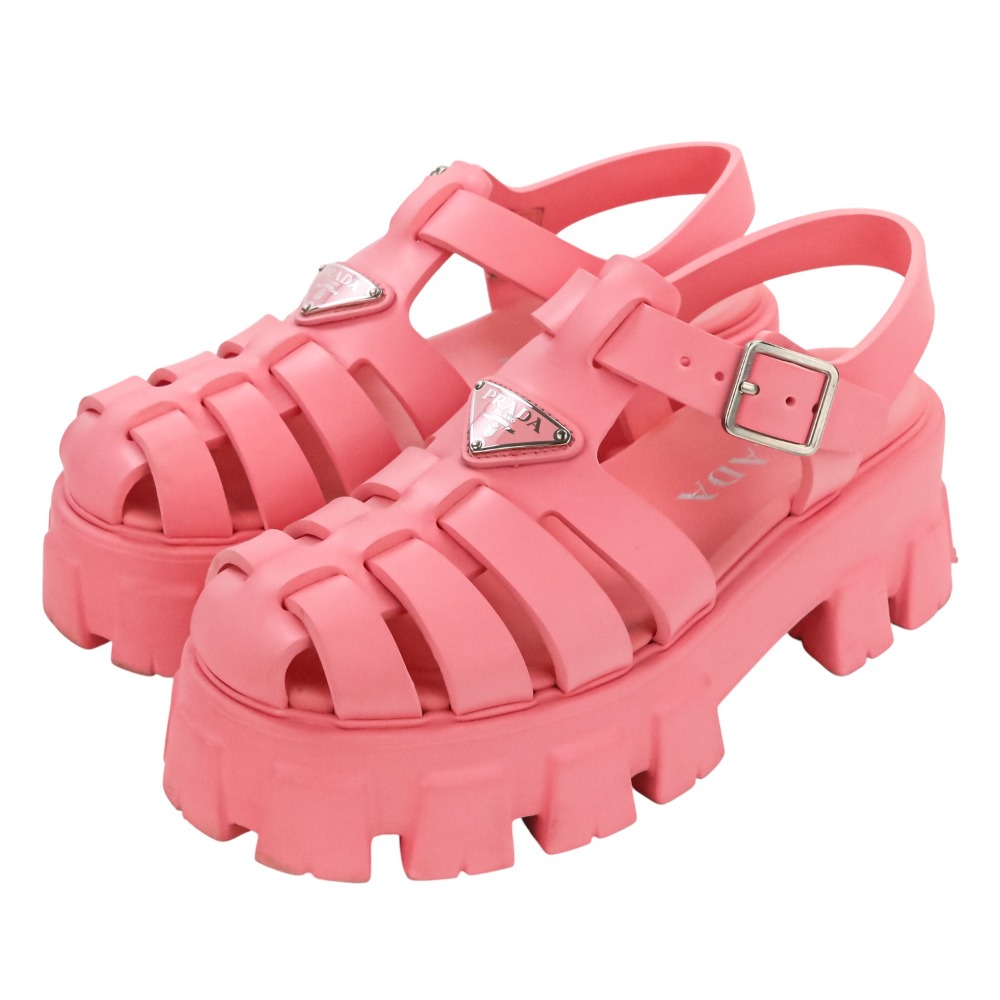 【中古】美品 PRADA プラダ モノリス トライアングルロゴプレート プラットフォーム ラバーサンダル 1X853M サイズ38 25cm程度 ピンク レディース Luxs ブランド古着のリュクス