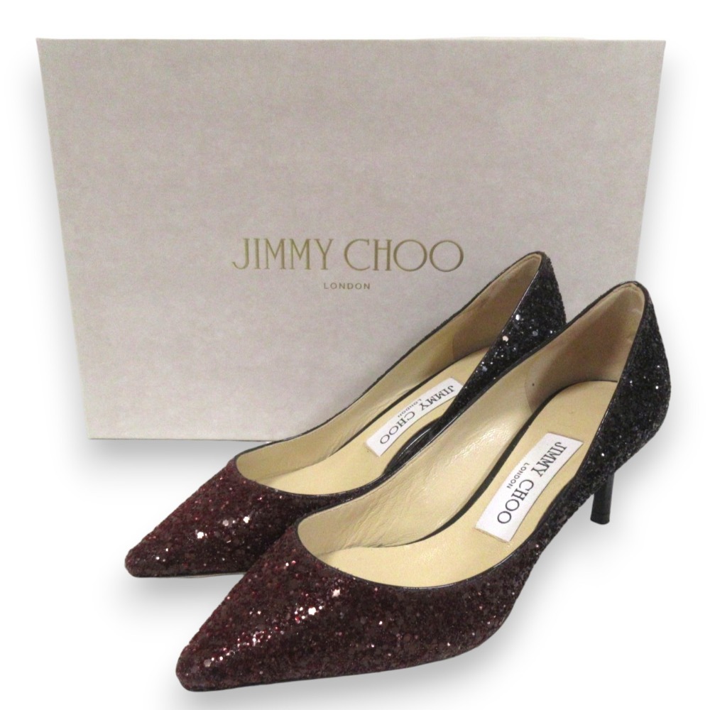 【中古】美品 JIMMY CHOO ジミーチュウ Romy 60 グリッターグラデーション ポインテッドトゥ パンプス 34.5 約21.5cm ボルドー ブラック レディース Luxs ブランド古着のリュクス|Luxs(ブランド古着のリュクス)