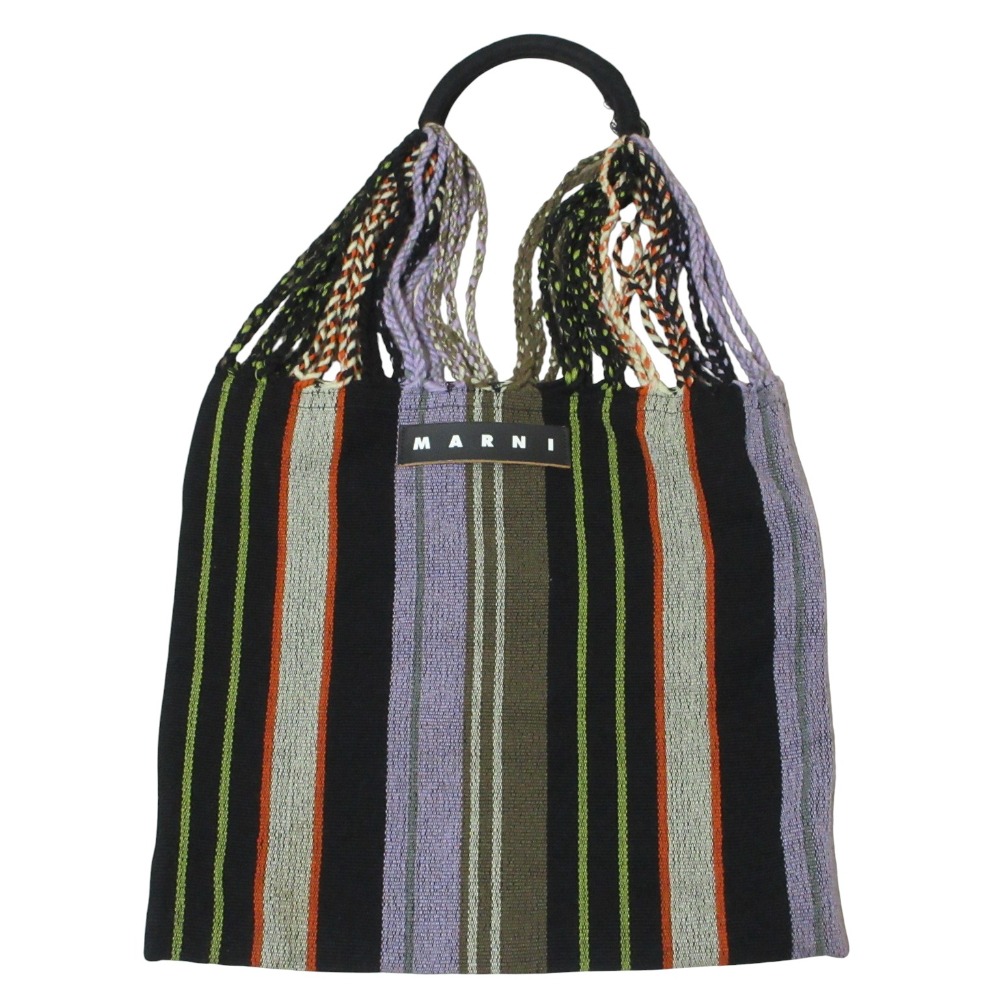 【中古】良品 MARNI マルニ マーケット マルチストライプ ハンモックバッグ ハンドバッグ トートバッグ ブラック レディース Luxs ブランド古着のリュクス