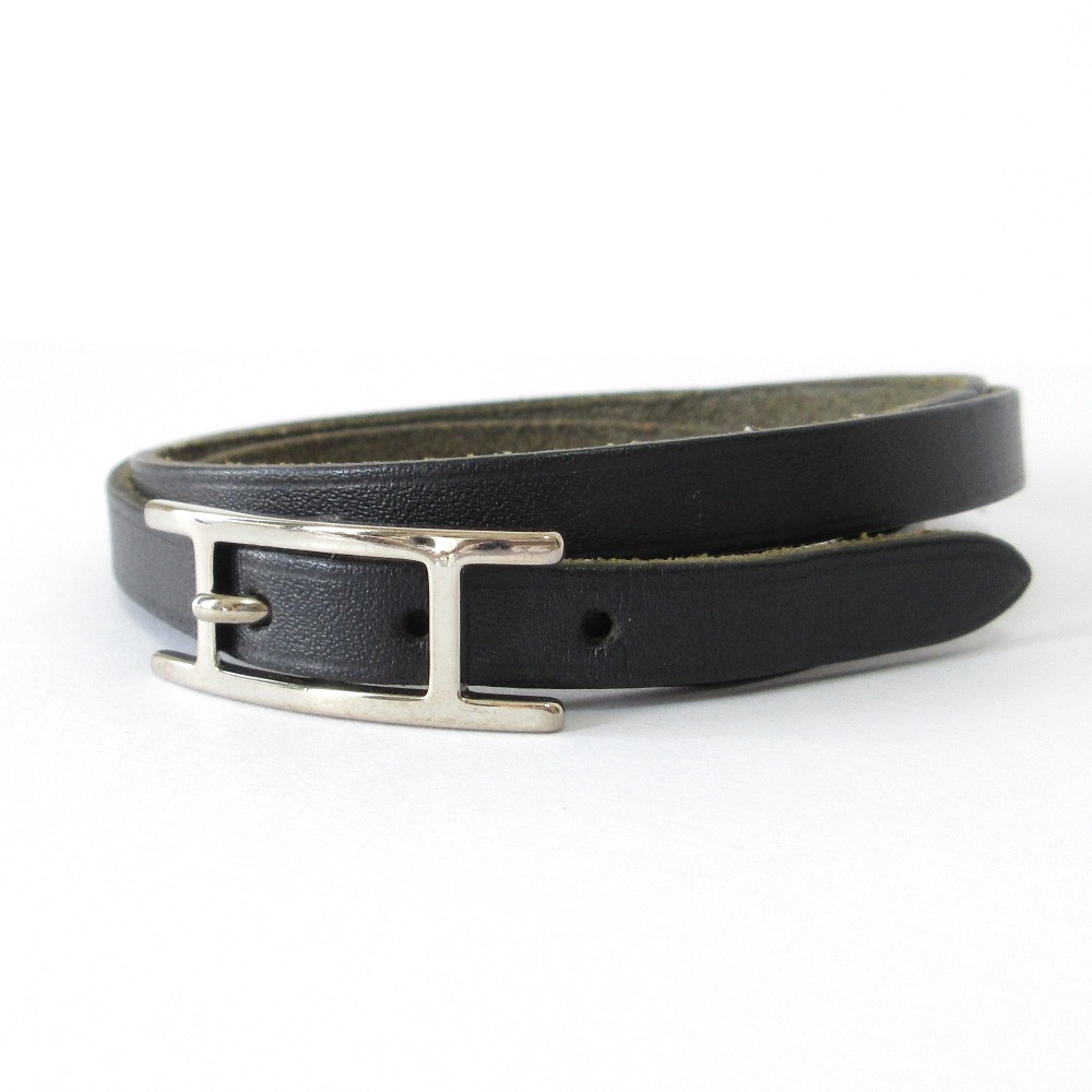 【中古】良品 HERMES エルメス アピ3 ドゥブルトゥール 2連 ブレスレット ボックスカーフ ブラック シルバーカラー金具 レディース Luxs ブランド古着のリュクス
