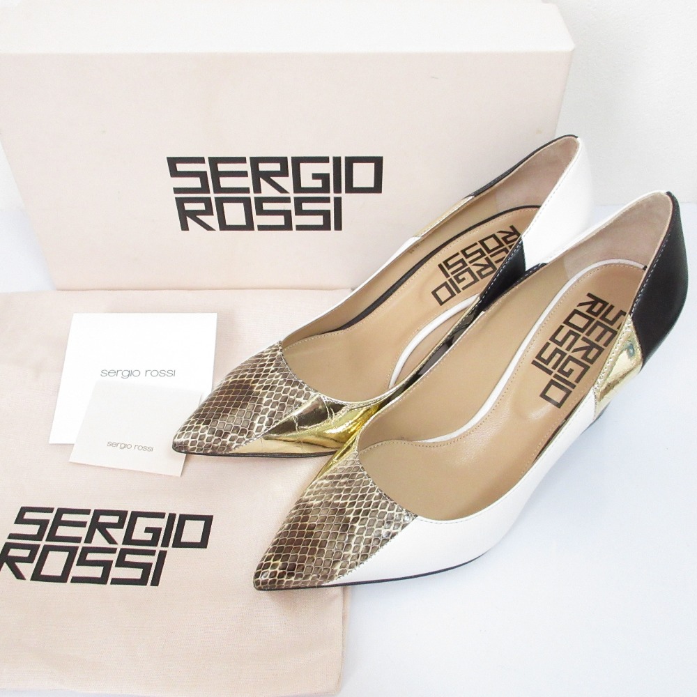【中古】新品同様 sergio rossi セルジオロッシ バイカラー ポインテッドトゥパンプス ホワイト 37 23.5cm相当 ブラック レディース Luxs ブランド古着のリュクス