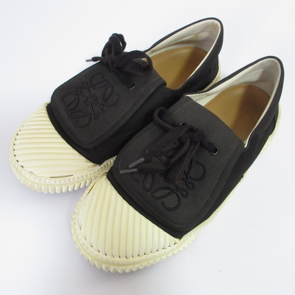 【中古】良品 LOEWE ロエベ アナグラム フラップ キャンバス スニーカー 822201 37 23.5cm相当 ブラック レディース Luxs ブランド古着のリュクス